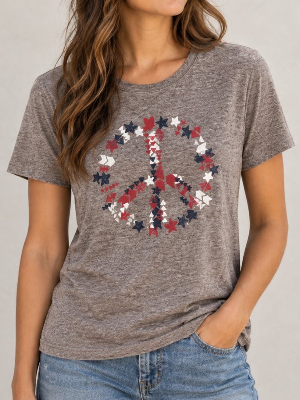 Women’s XL Graphic Peace Star T-Shirt Brown Heather Short Sleeve Casual